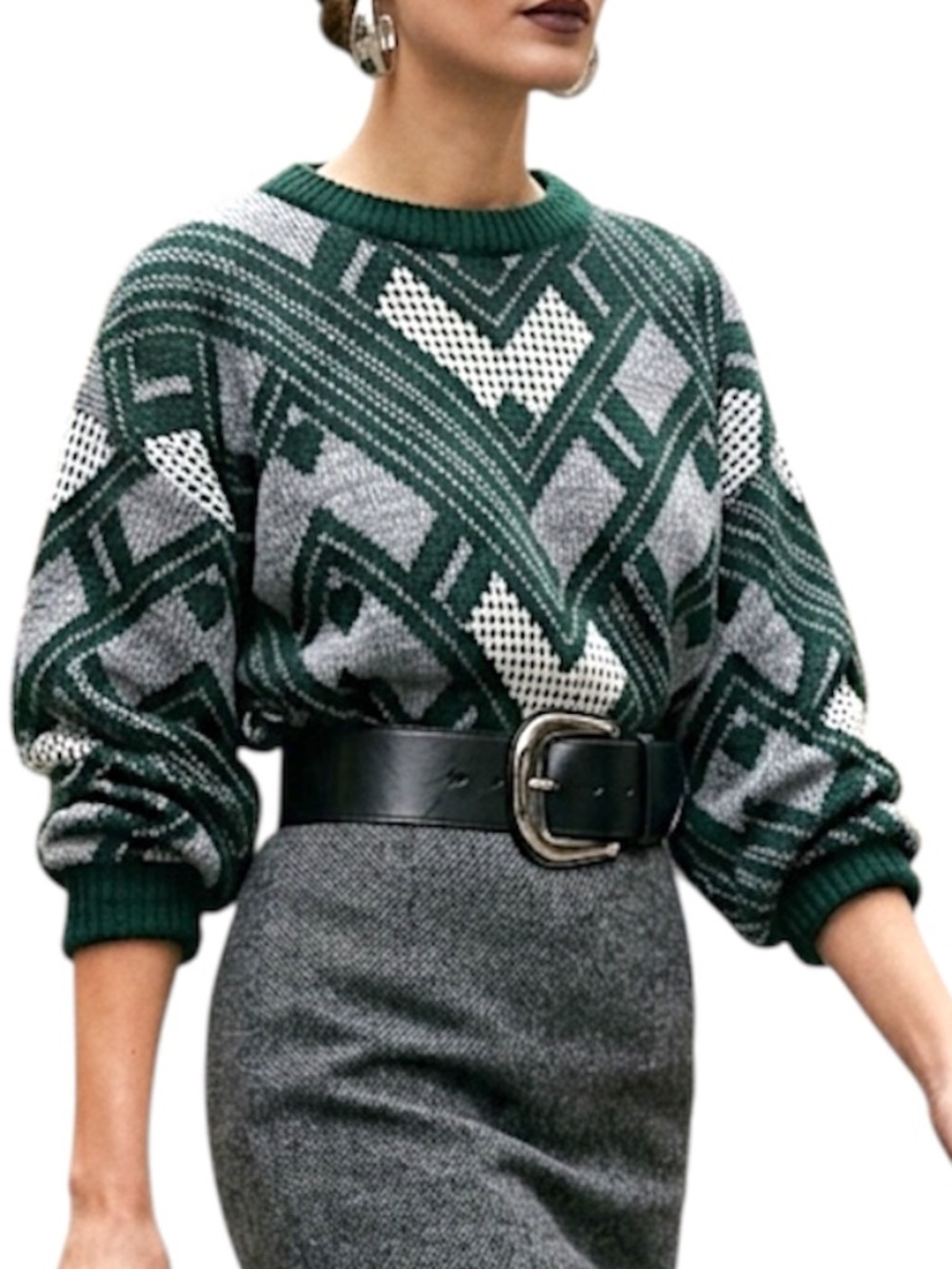 VTG 80 90s Oscar de la Renta green black grey geometric chevron grandpa sweater